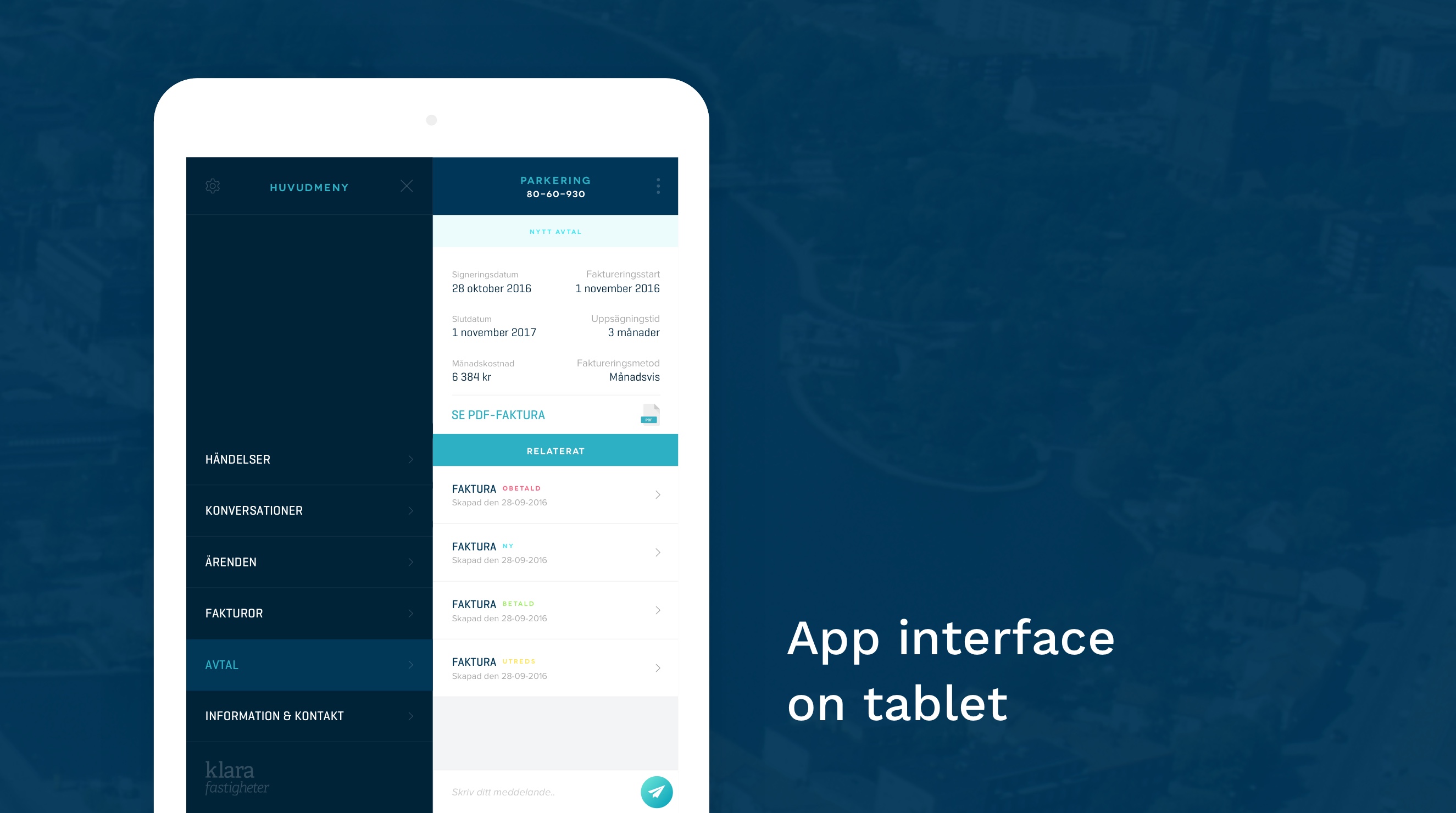 Klara Fastigheter app interface design on tablet